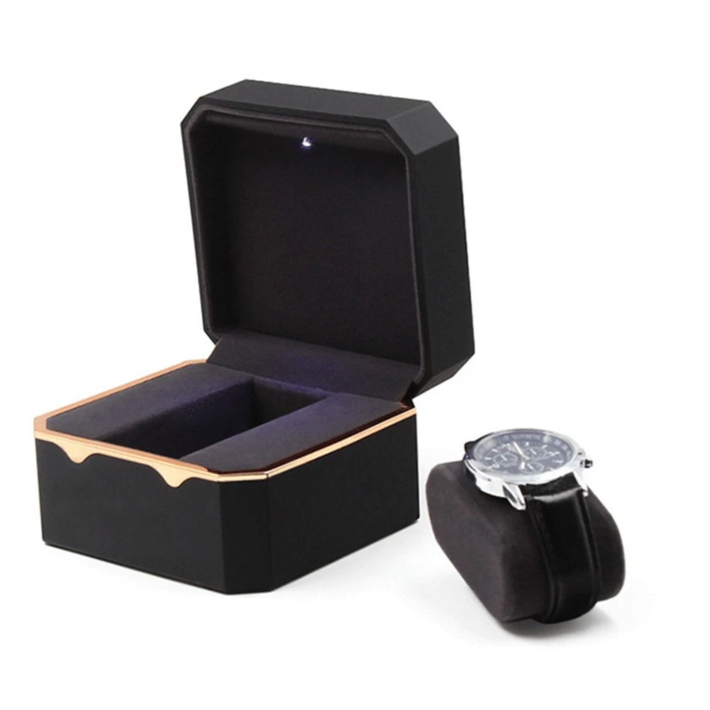 LED Light Watch Case Antidust Display Storage Holder Luxury Jewelry Box Black/