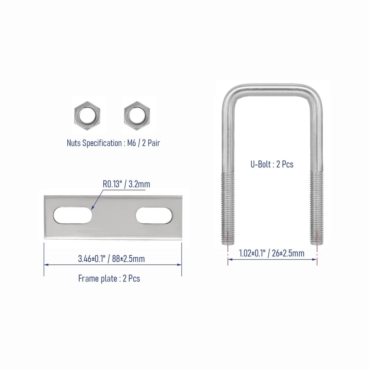 FOCMKEAS 2 Sets 304 Stainless Steel Square U-Bolts 50×80mm (W*L), Silver