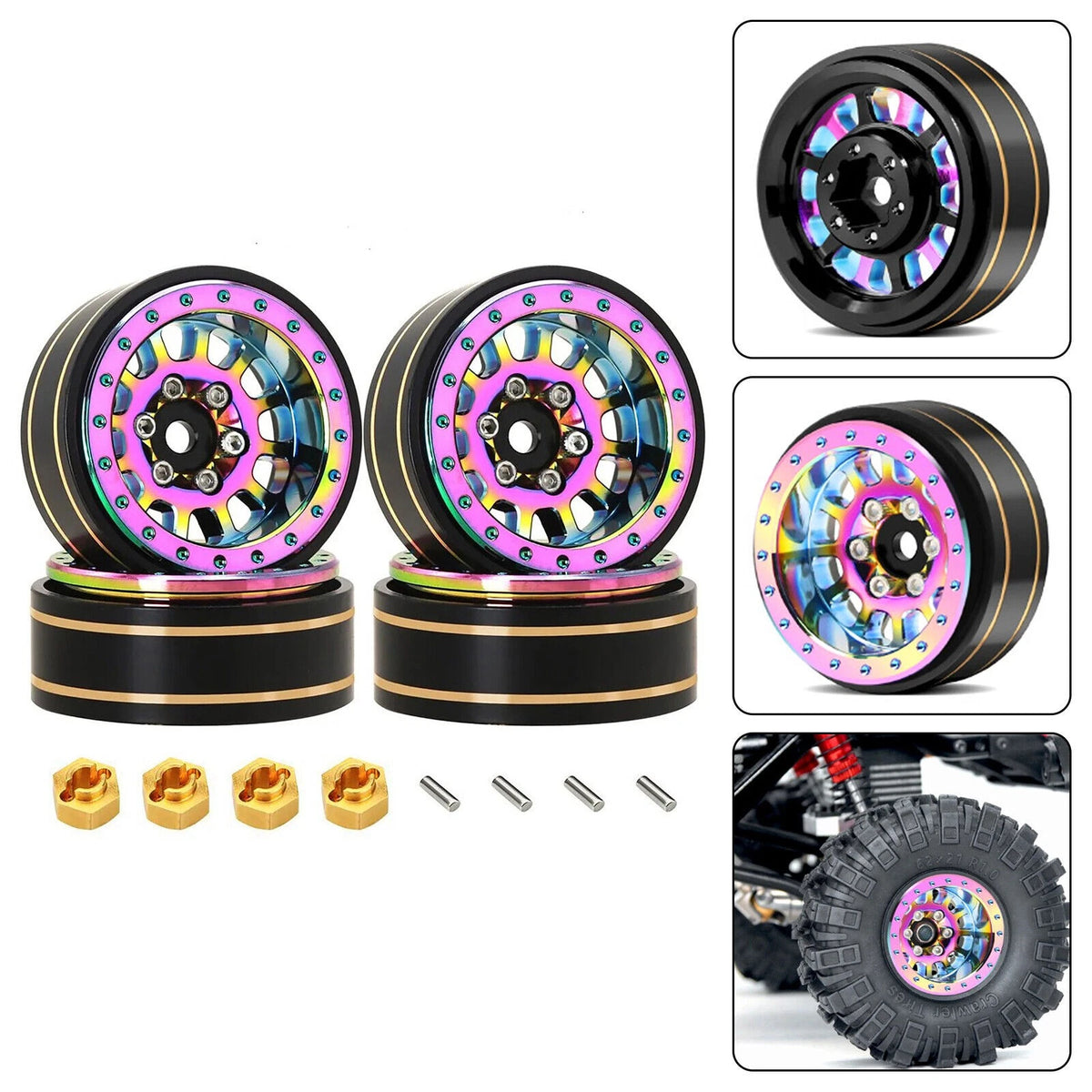 4pcs 1.1" Brass + Aluminium Alloy Wheel Hubs Rims for Axial SCX24 1/24 RC Car
