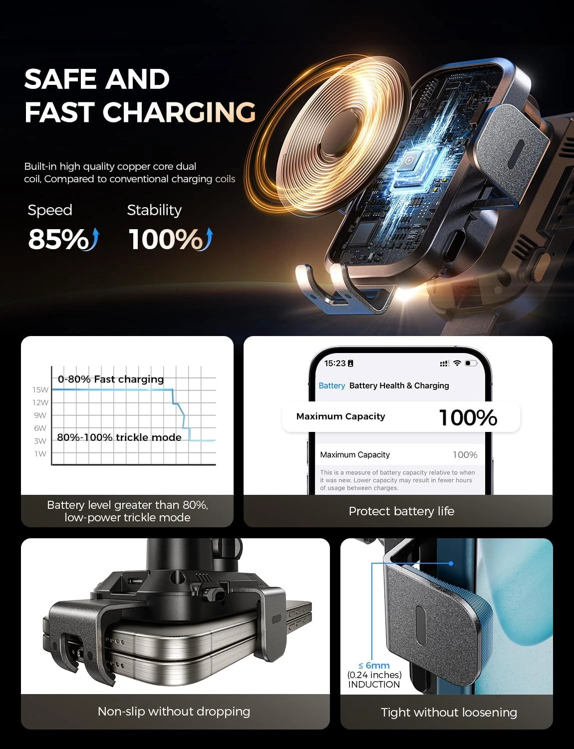 CHGeek Wireless Car Charger with Phone Holder Mount, 15W Fast Normal, Black