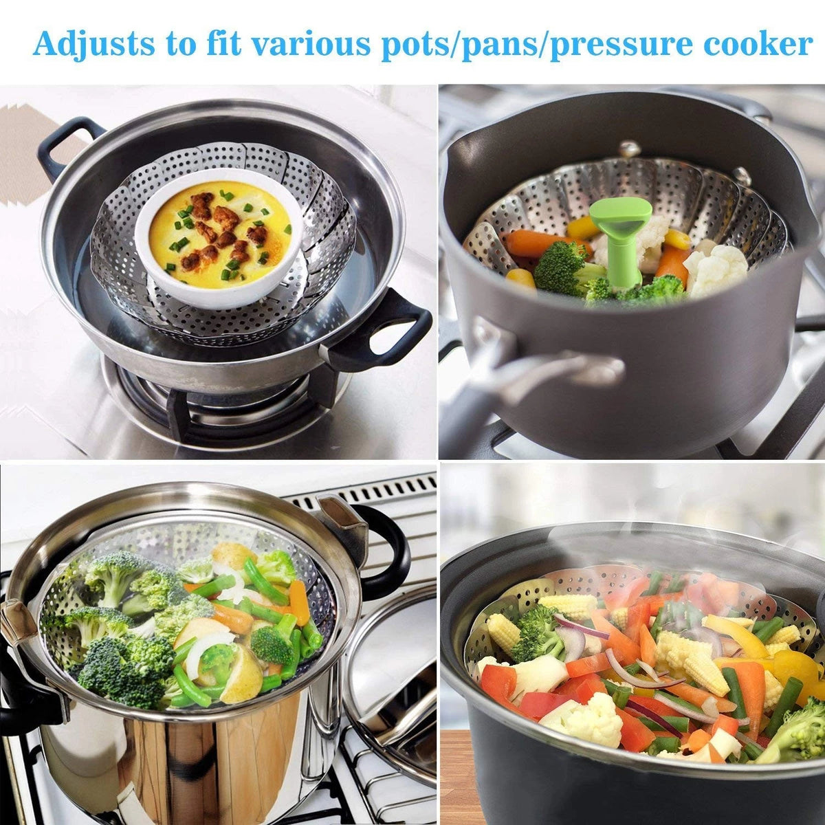 Consevisen Vegetable Steamer Basket for Cooking 5.1" to 9", Silver/Green