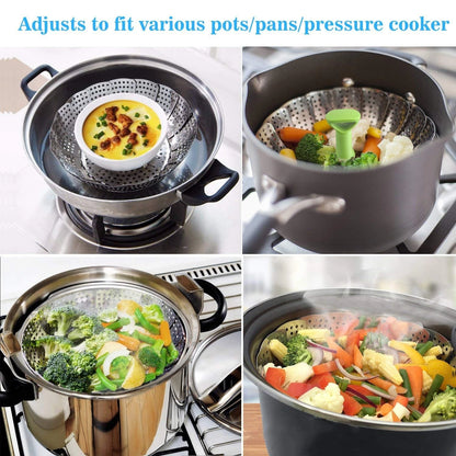 Consevisen Vegetable Steamer Basket for Cooking 5.1" to 9", Silver/Green