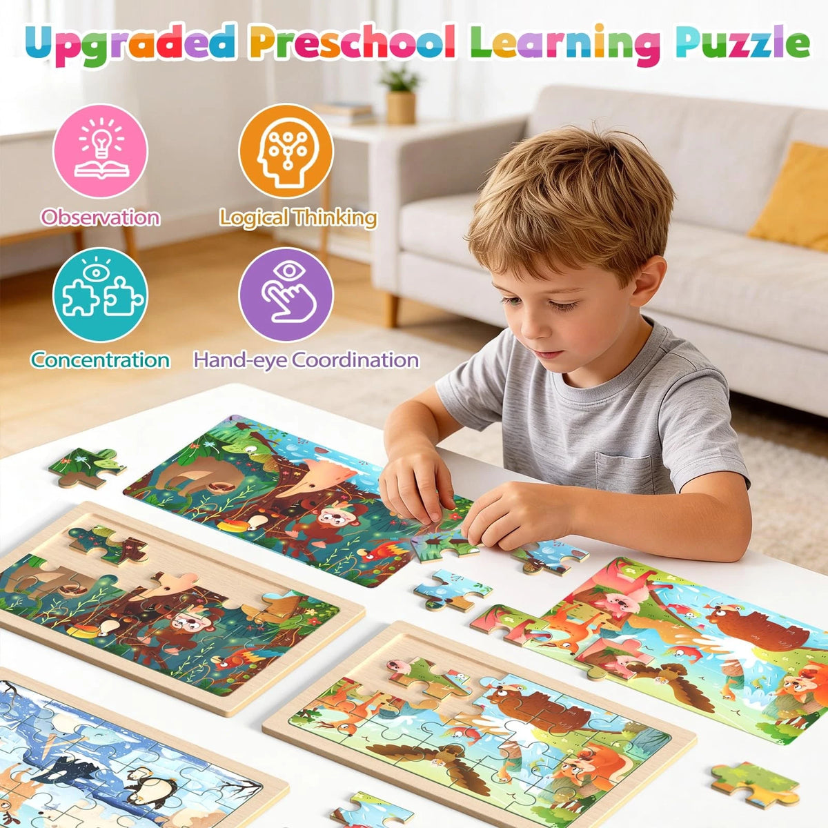 Zeoddler Wooden Puzzles for Toddlers, 4 Pack Animal Jigsaw 11.8 x 8 inches