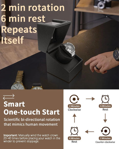 Watch Winder for Automatic Watches: Black Carbon Fiber Leather