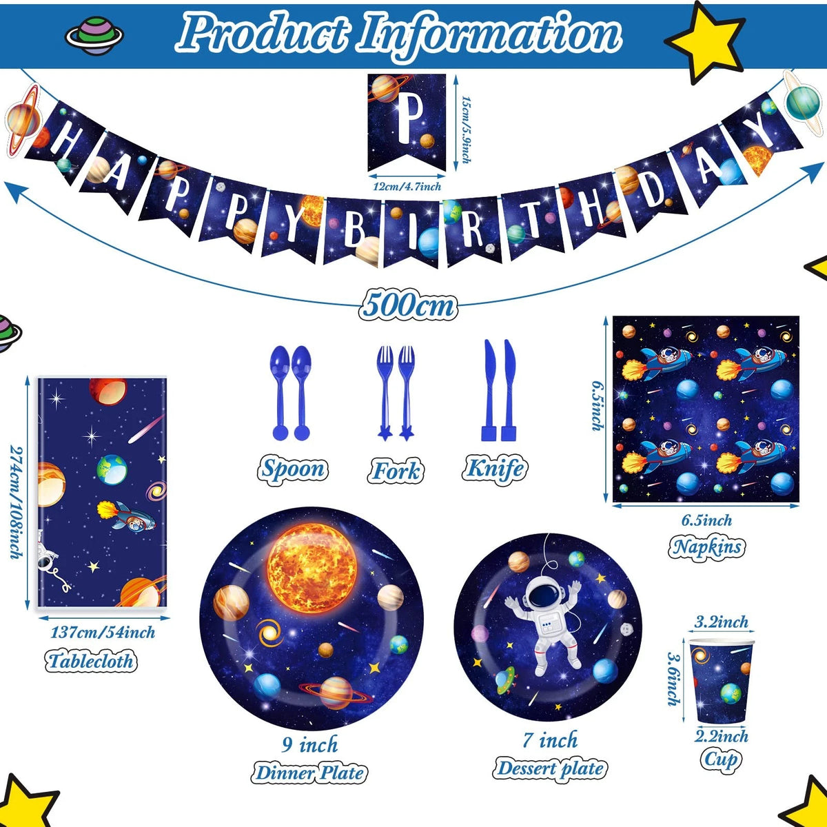 Outer Space Birthday Party Supplies Serve 24 Tableware Set, Blue