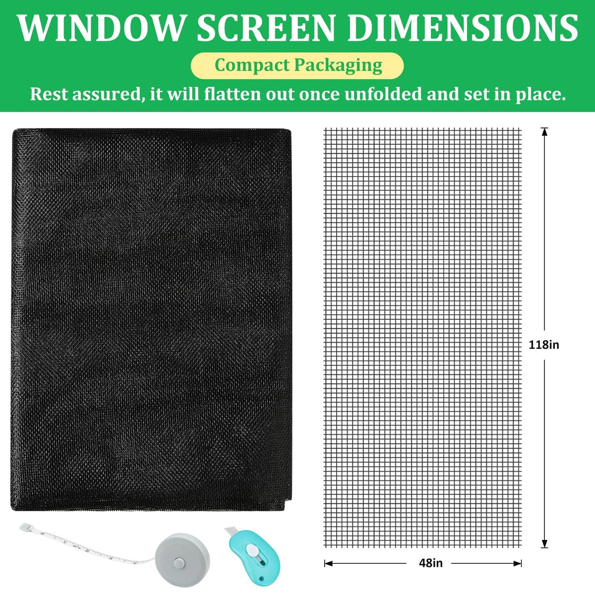 Windows Screen Replacement and Door 48" x 118" + Tool Set, Black