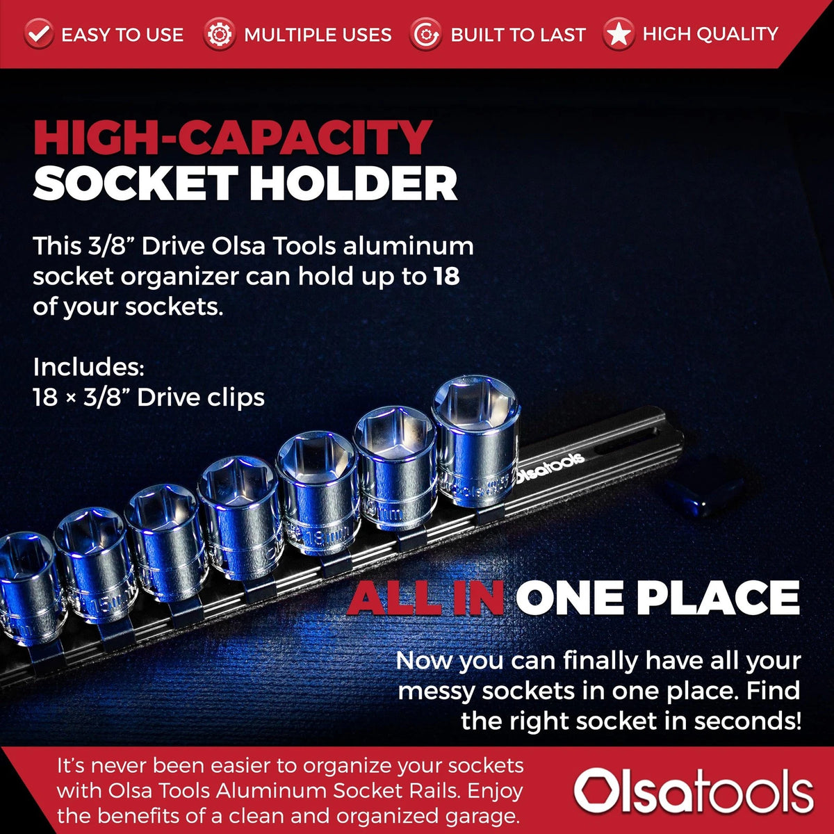 Olsa Tools Socket Organizer - 3/8-Inch Drive Black Drive,