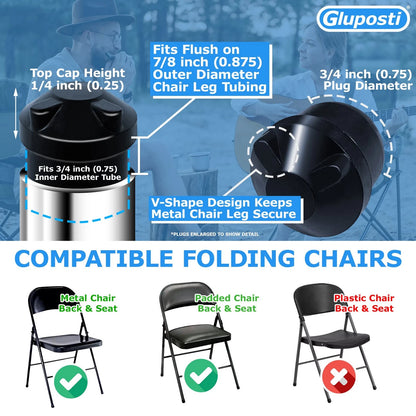 Gluposti 8 Folding Chair V-Tip Stabilizer Caps, Plug Top Black