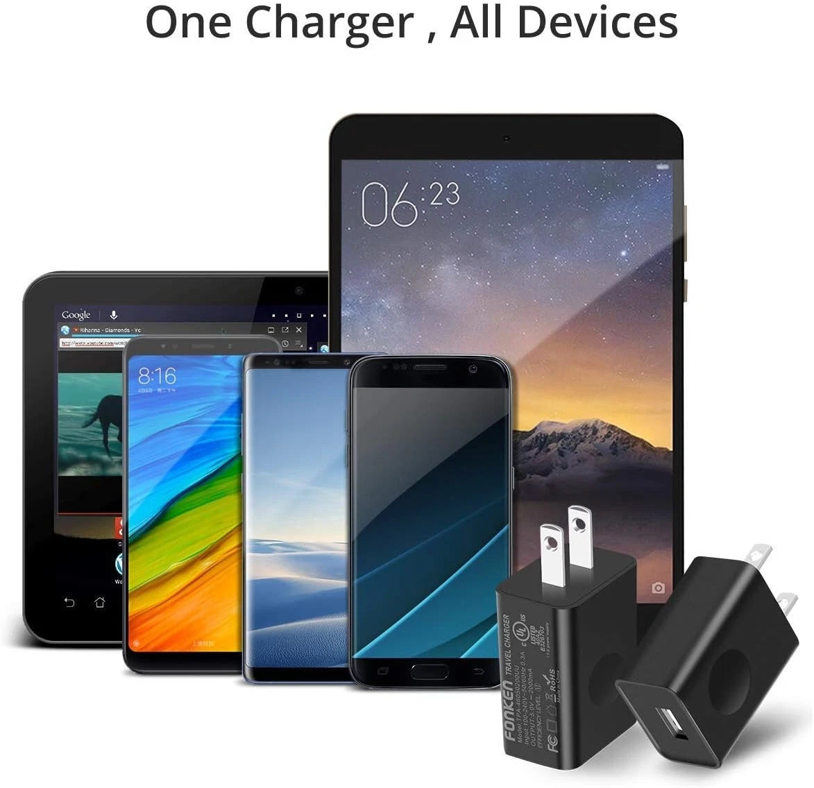 FONKEN USB Wall Charger, 3-Pack 5V 2A Power Adapter Universal Travel Black