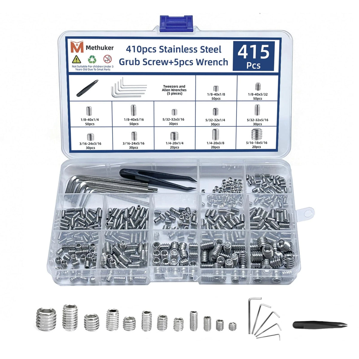 415 Pcs Socket Head Screws British Set Screw 1/8" x 40 to 5/16" x 18