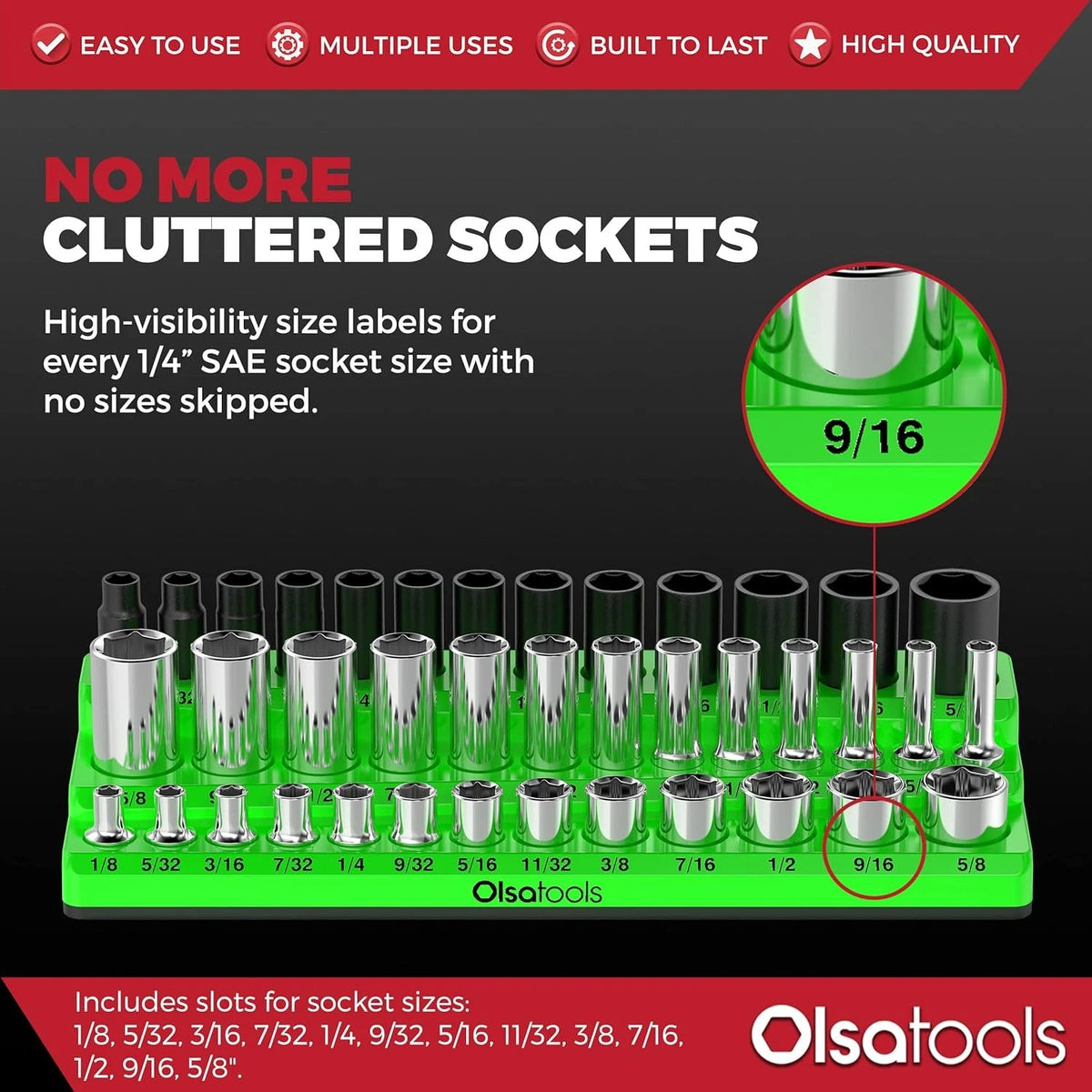Olsa Tools Magnetic Socket Organizer - 1/4-Inch Drive, SAE, Green