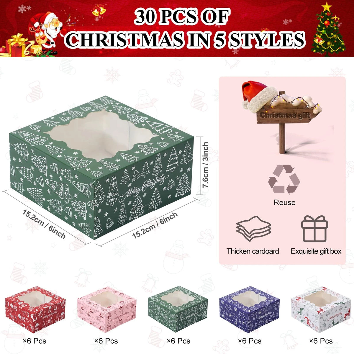 COTOPHER 30Pcs Christmas Cookie Boxes for Gift 6x6x3 inches, 6x6x3inch