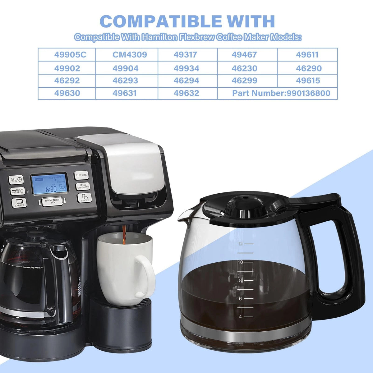12 Cup Coffee Maker Carafe Replacement Pot Compatible with Hamilton 12, Black