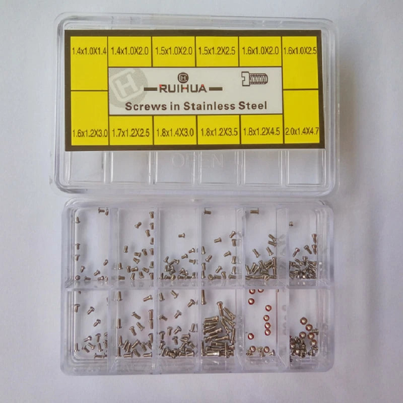 Assortment of 240 Stainless Steel Screws for Watch Back Case 12 sizes W/Box