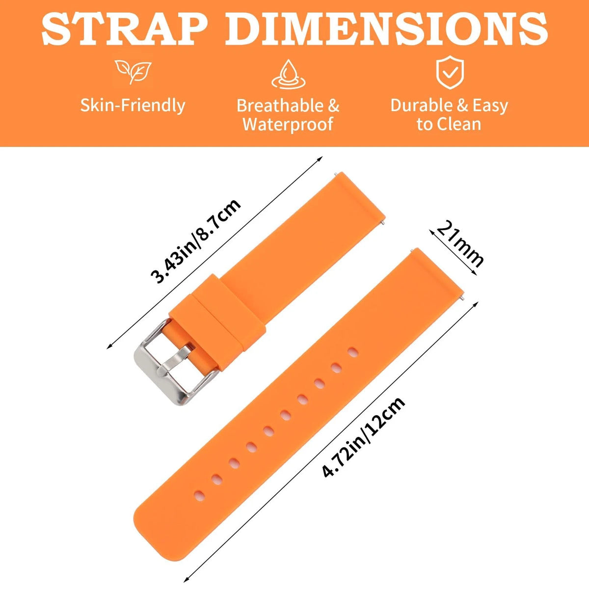 Rihahisy Silicone Watch Strap 12mm, 14mm, 16mm, 17mm, 18mm, 21mm, Orange