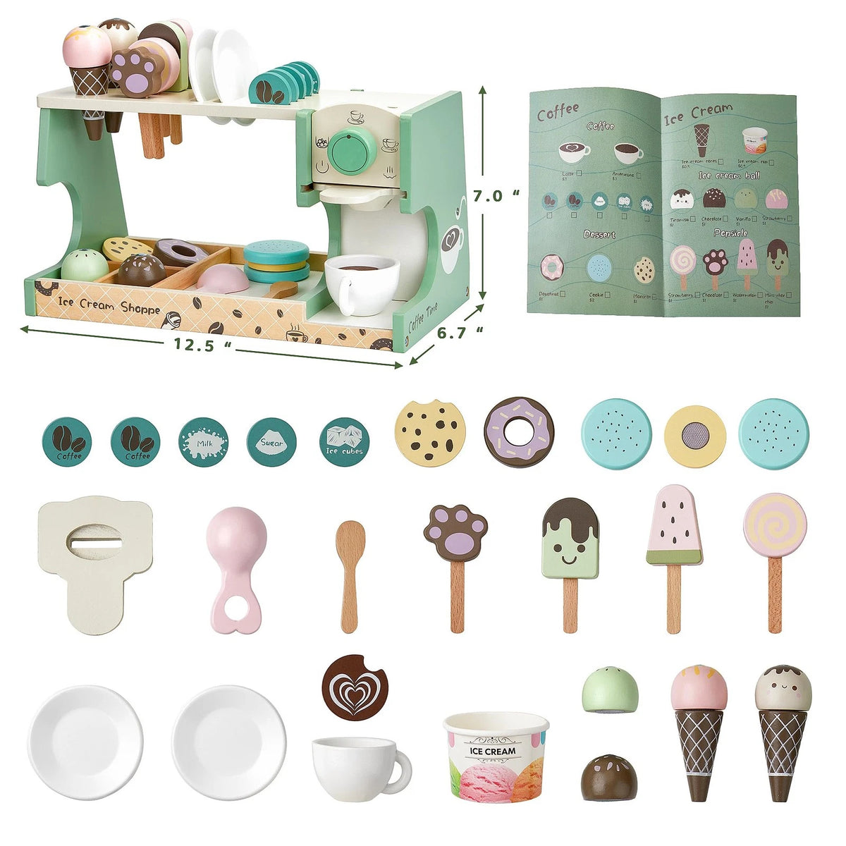 Wooden Ice Cream Toy, 3-in-1 child-size, White, Pink, Green, Brown
