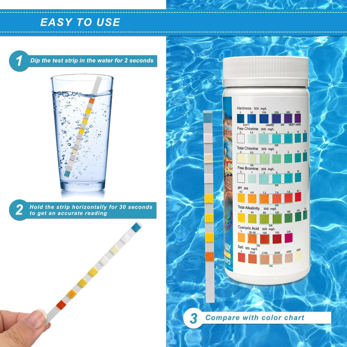 pol 8-in-1 Pool Test Strips, 100 Strips Water Testing for Swimming Pool,...
