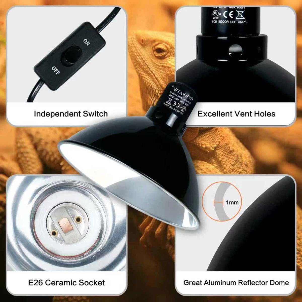 GVWRATW Reptile Lamp Fixture with Dimming Thermostat – Deep Dome Heat Black