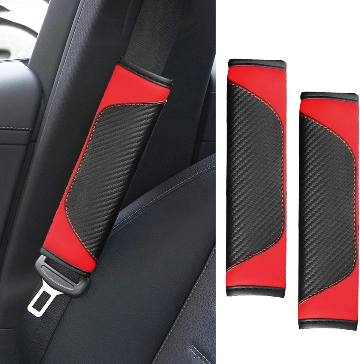 2PCS Car Seat Belt Cover Pad, Soft Carbon Fiber Leather Seatbelt Shoulder Red