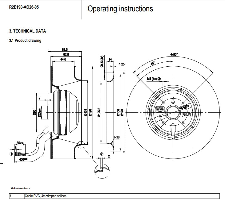 R2E190-AO26-05 Ebmpapst Fan 230VAC 0.26/0.34A 58/75W 190MM Centrifugal Fan