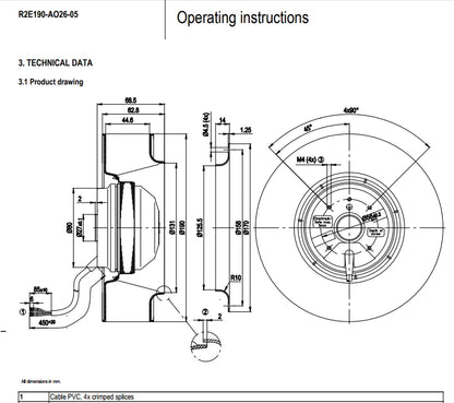 R2E190-AO26-05 Ebmpapst Fan 230VAC 0.26/0.34A 58/75W 190MM Centrifugal Fan