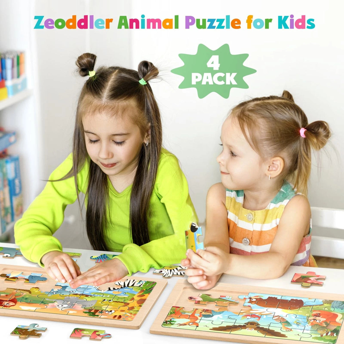 Zeoddler Wooden Puzzles for Toddlers, 4 Pack Animal Jigsaw 11.8 x 8 inches