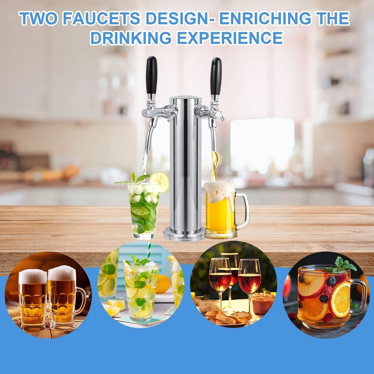 Adjustable Dual Tap Kegerator Tower Draft Beer 3 beer tap tower, Silver