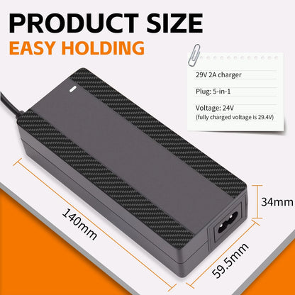 CraogeCoore 29.4V 2A Lithium Battery Charger, 5-in-1 Universal Plug Black