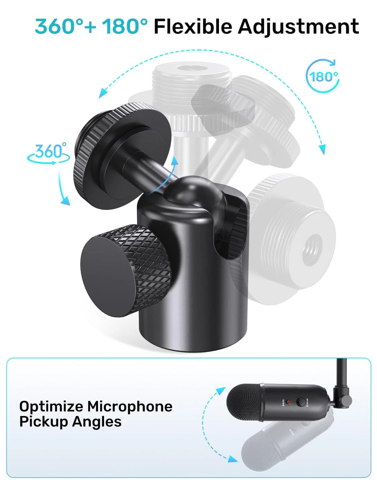 Etour Ball and Socket Head Microphone Adapter, All Metal, 180° & 360° Black