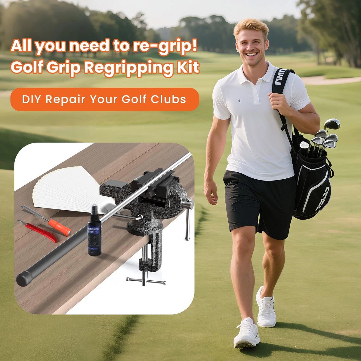 Golf Grip Kit for Regripping Club with Portable Vise Black and Silver