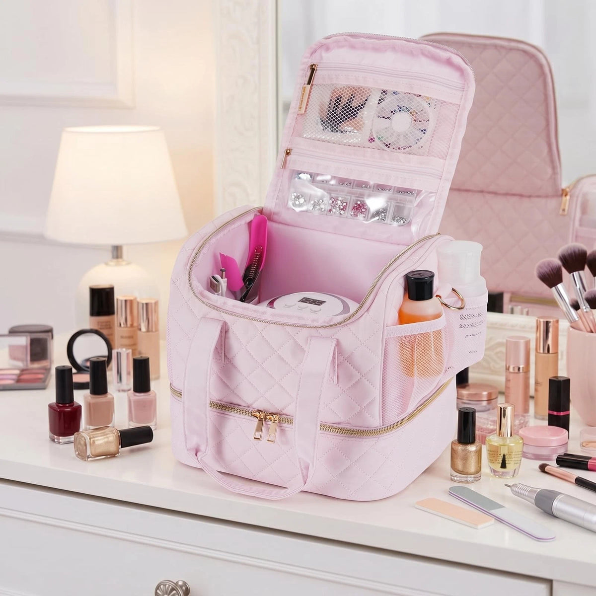 VOFIpremiAm Nail Polish Organizer Case Fits Lamp 30 Bottles, Pale Pink