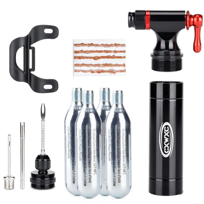 CXWXC CO2 Inflator with 4 x 16g Cartridges & Tubeless Tire Repair Black