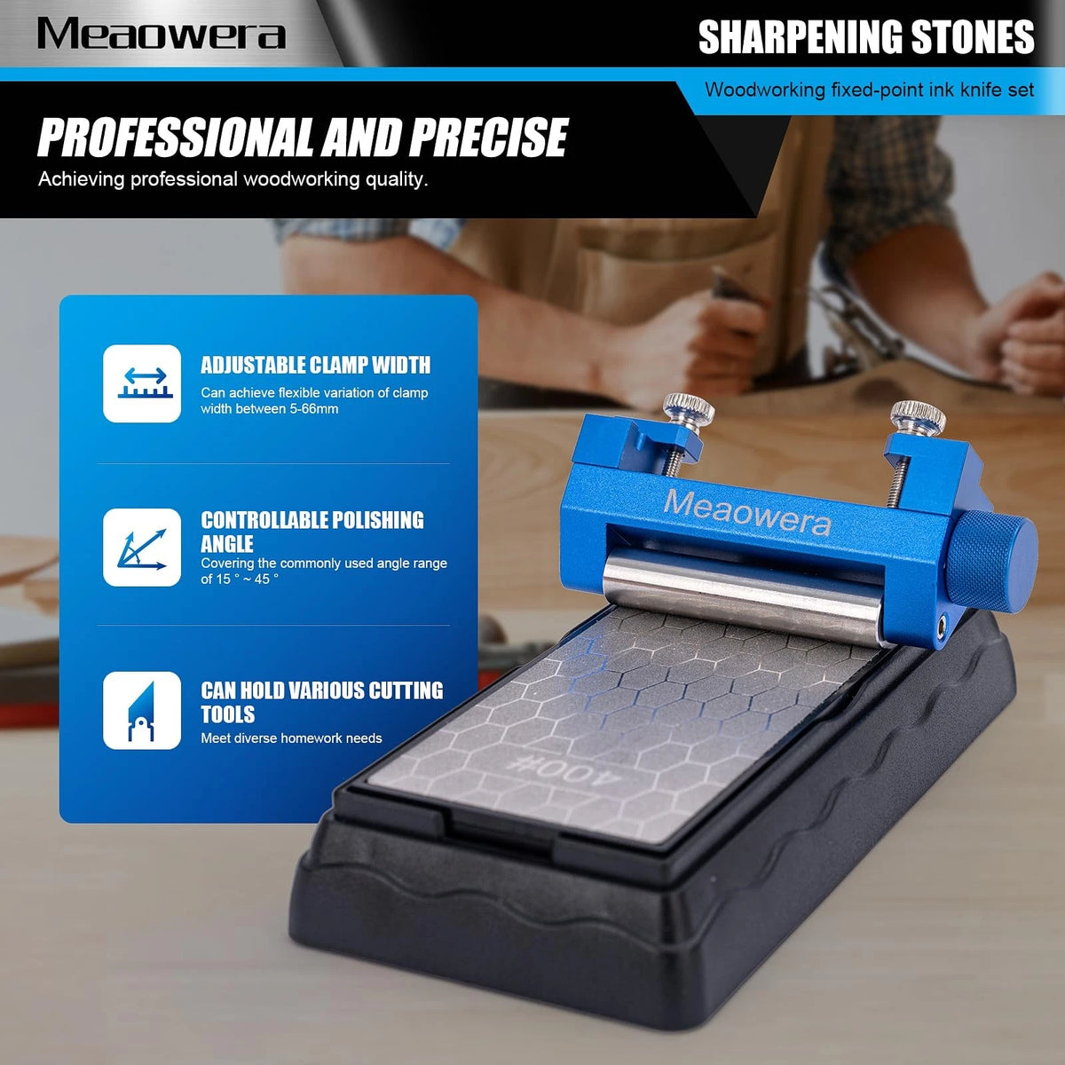 Chisel Sharpening Kit with 105*26*53mm, Blue Honing Guide and Stone