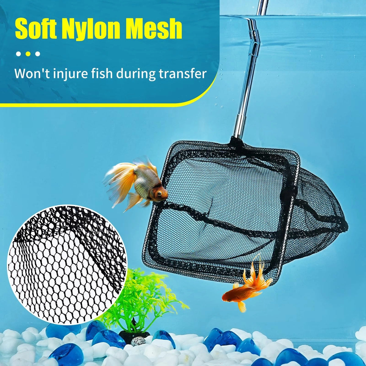 AQUANEAT Aquarium Net with Extendable Long Handle, Adjustable 8 Inch, Black