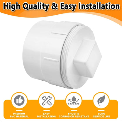 4" PVC Sewer Cleanout Adapter with Plug Pipe Fitting, DWV 4 inches, White