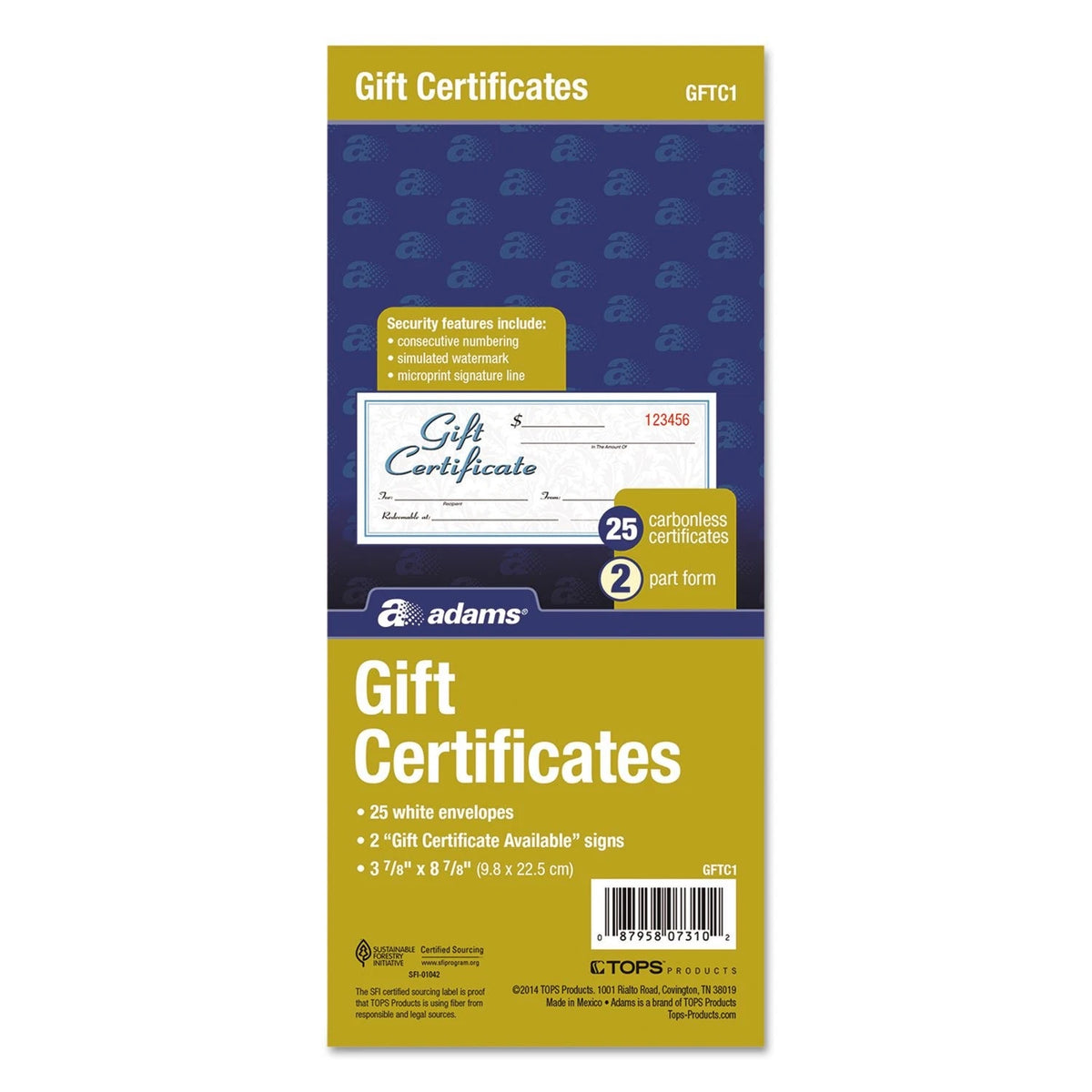 Adams Gift Certificate Book, 8.50" Width x 3.40" Length, White/Canary