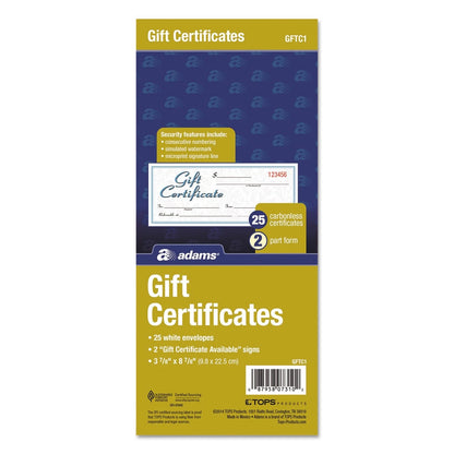 Adams Gift Certificate Book, 8.50" Width x 3.40" Length, White/Canary