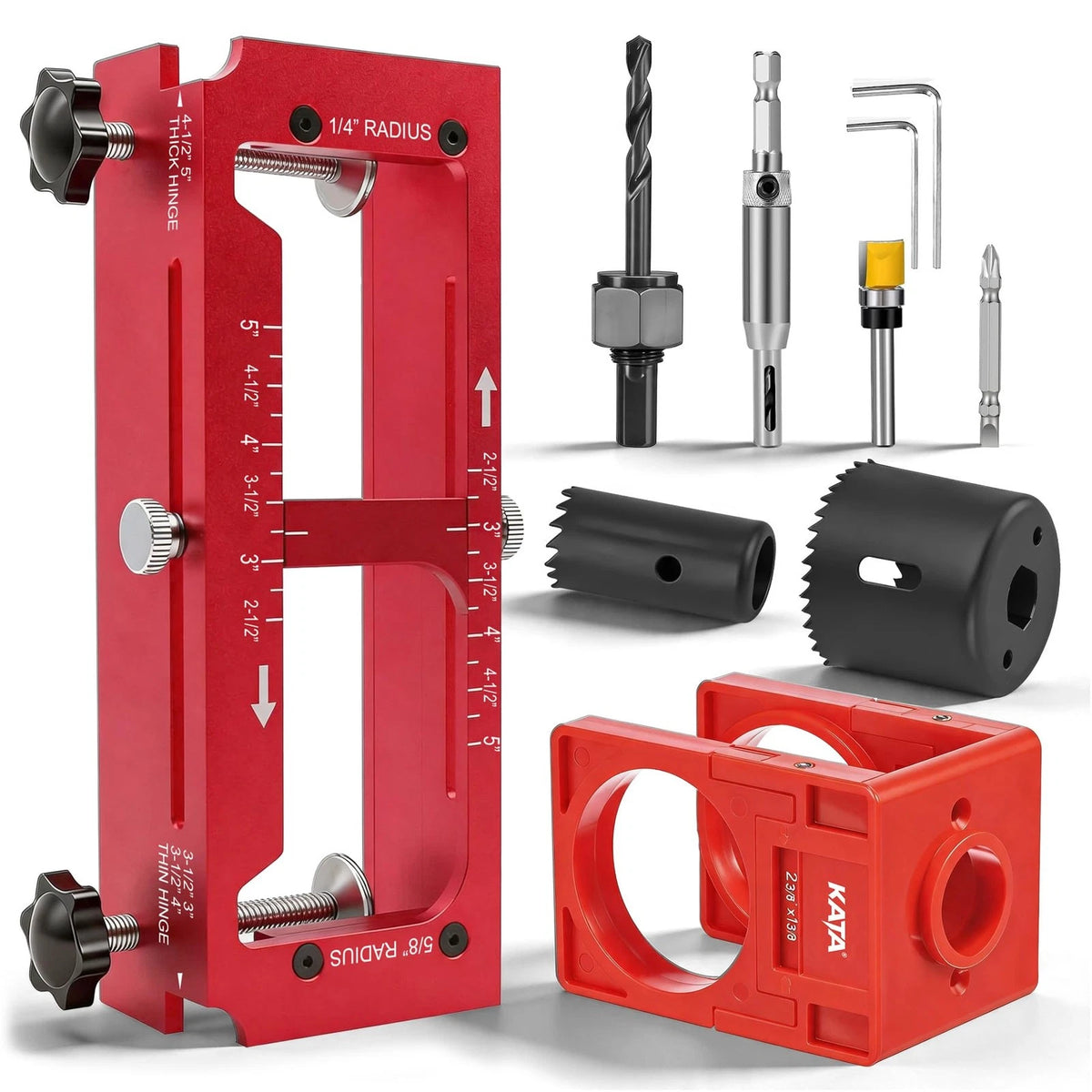 KATA Door Hinge Mortise Jig & Lock Installation Kit for 2.5"–5" Red