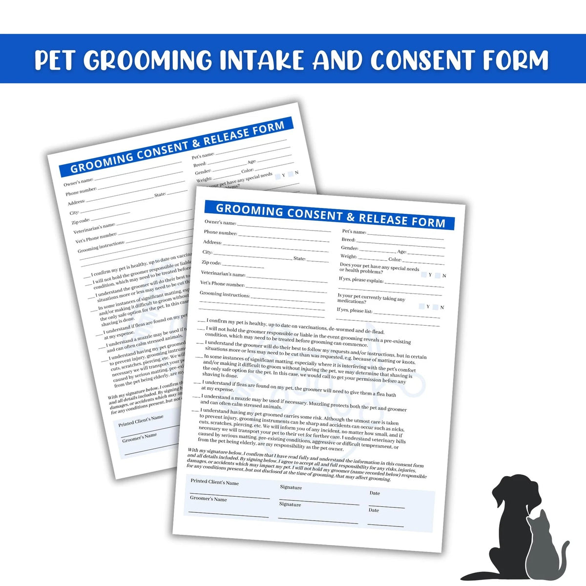 Pet Grooming Intake, Consent & Release Form | 50 Pack 8.5x11 inches, Blue