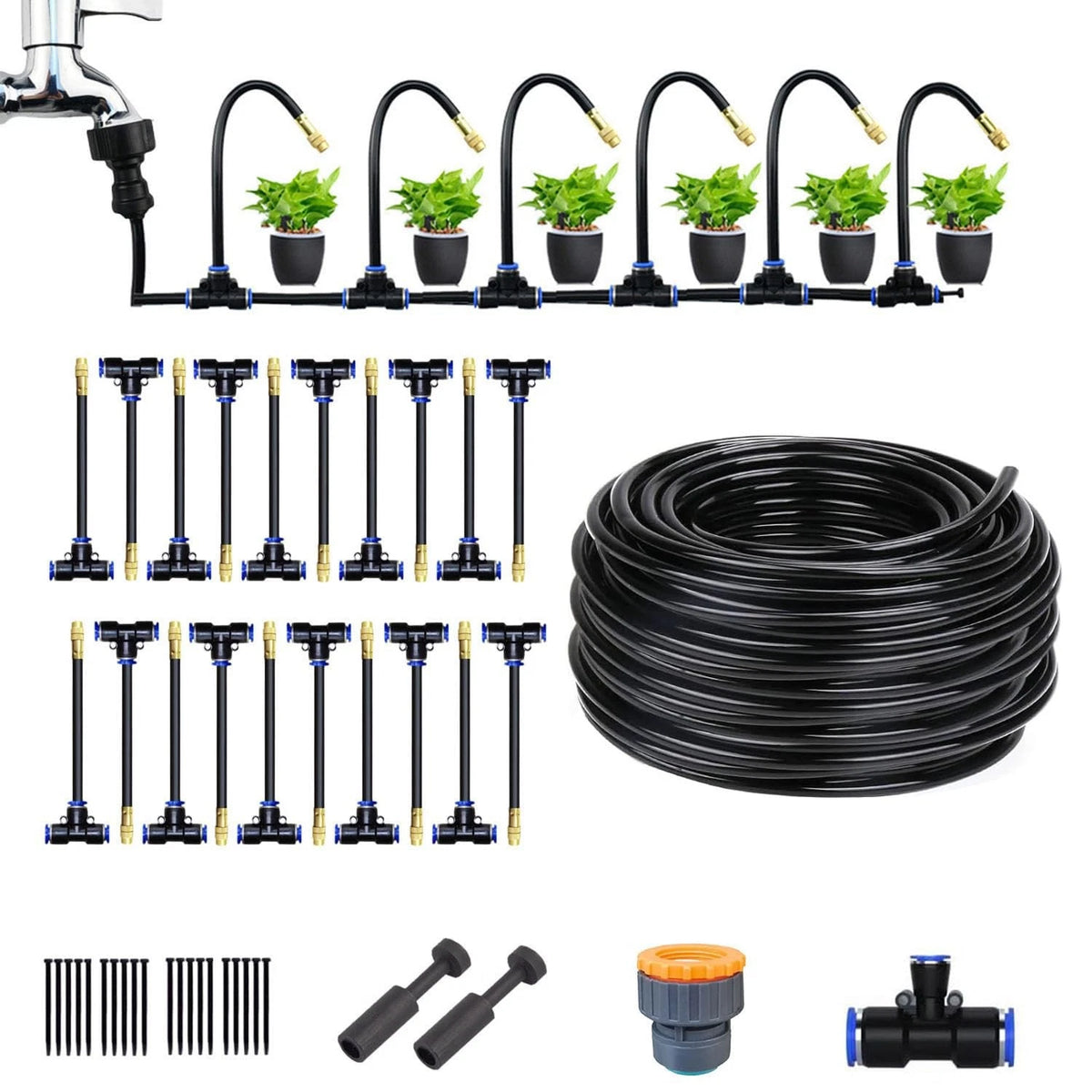 Garden Watering System, Greenhouse Mist Drip Irrigation 65FT, Black & Gold