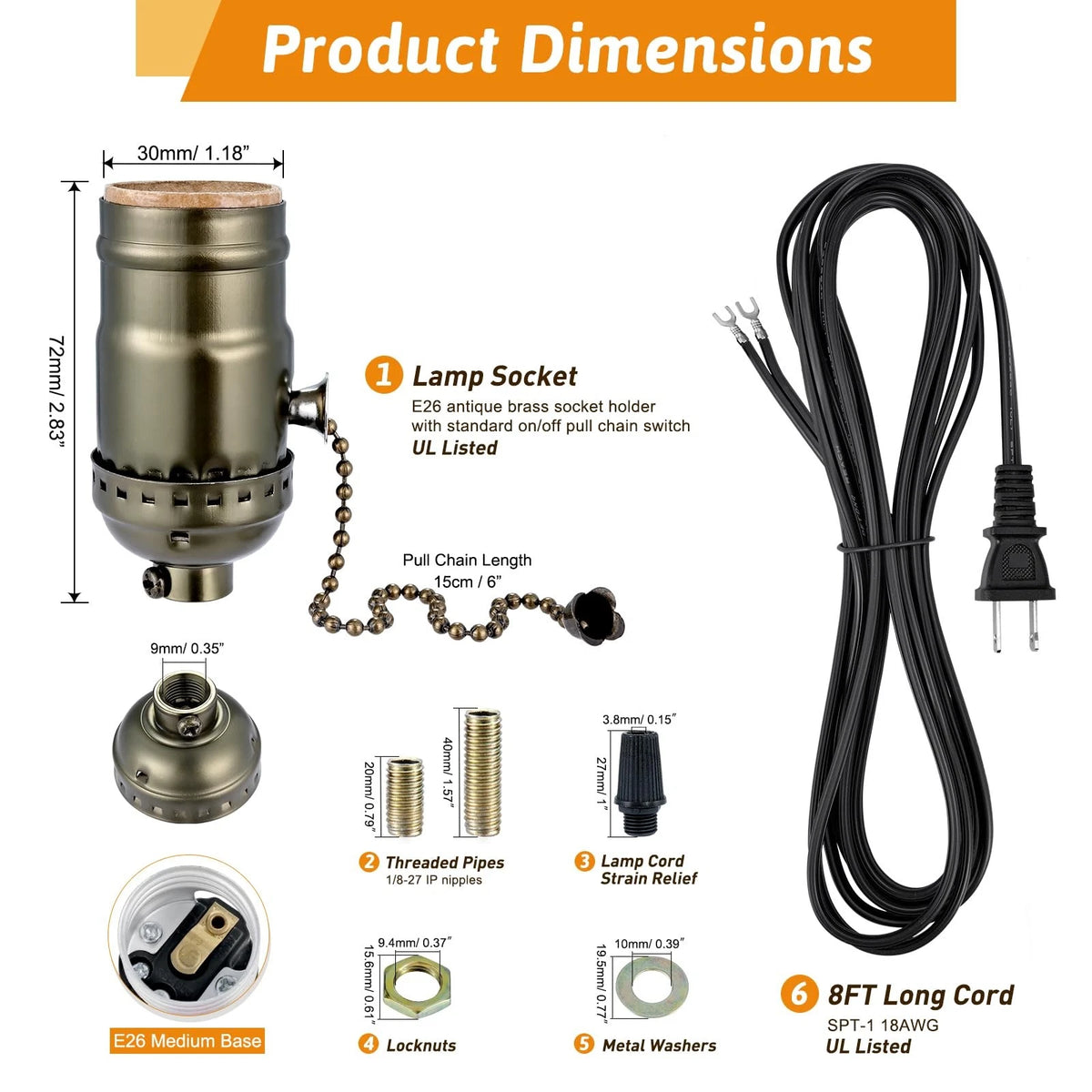 Lamp Repair Socket Kit,Pull chain ON/OFF switch for DIY Antique Brass