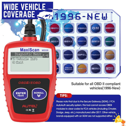Autel OBD2 Scanner MS309 Universal Car Engine Fault Code Reader, Check S, Red