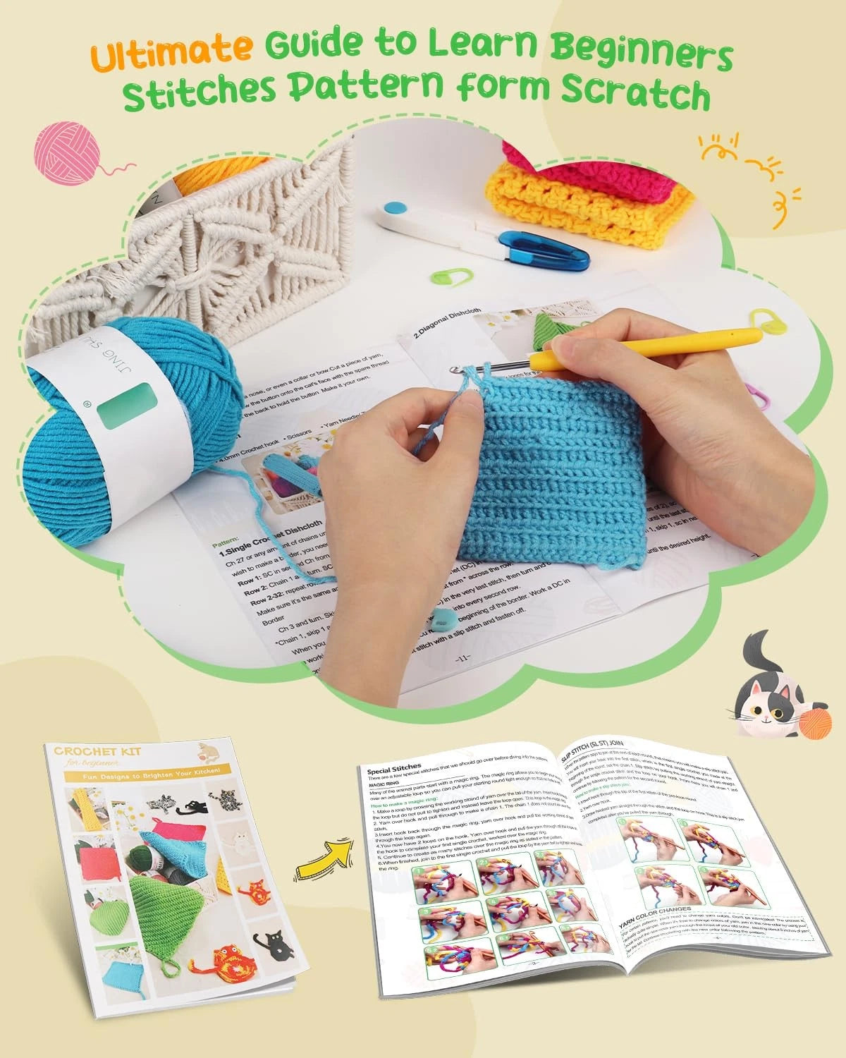 Katech Crochet Kit for Beginners, Dishcloth Small to Medium, Colorful