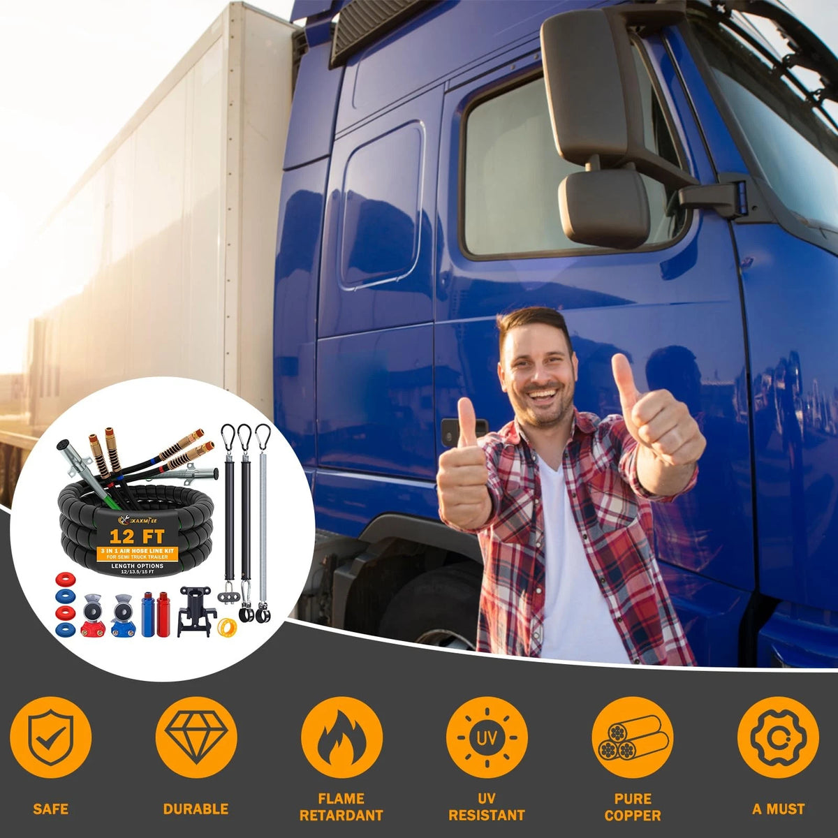 XaXmTee 12 FT Semi Truck Air Lines Kit with 3 Pcs Tender 12FT KIT, KIT