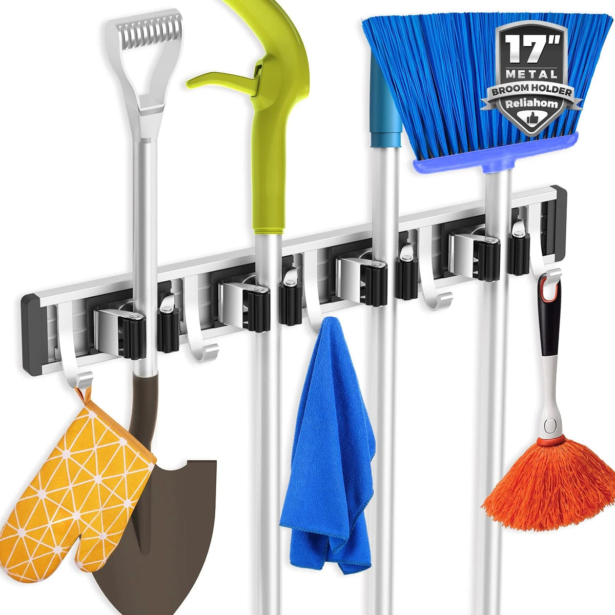reliahom Broom Holder Wall Mount, 4 Racks with 5 Hooks 1 Pack 4R5H, Black