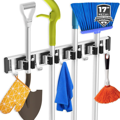 reliahom Broom Holder Wall Mount, 4 Racks with 5 Hooks 1 Pack 4R5H, Black