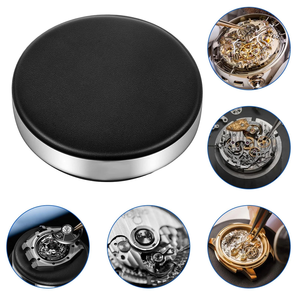 Classicseali 2pcs Watch Cushion, Round Leather Movement Black + Silver