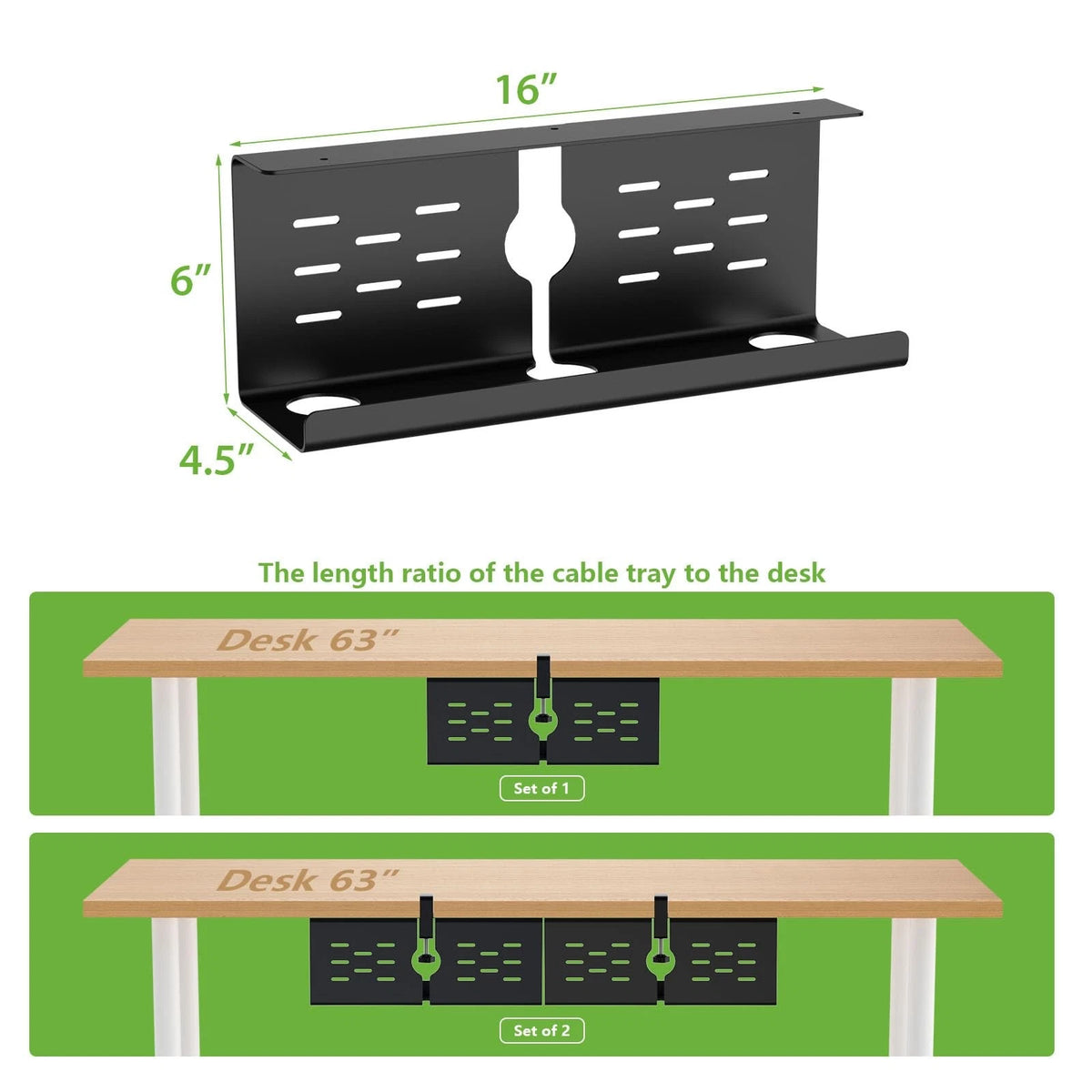 KEEGH 16" Under Desk Cable Management Tray, 2 Pack Cord 2 Pack, Black