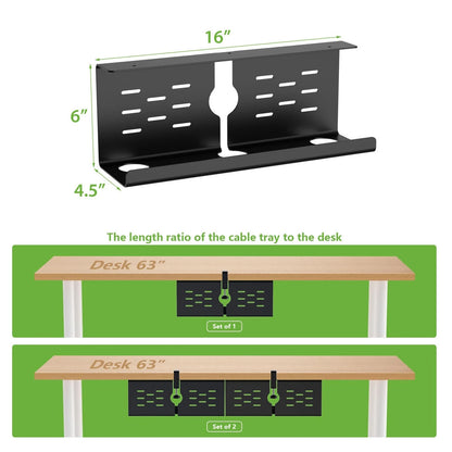 KEEGH 16" Under Desk Cable Management Tray, 2 Pack Cord 2 Pack, Black