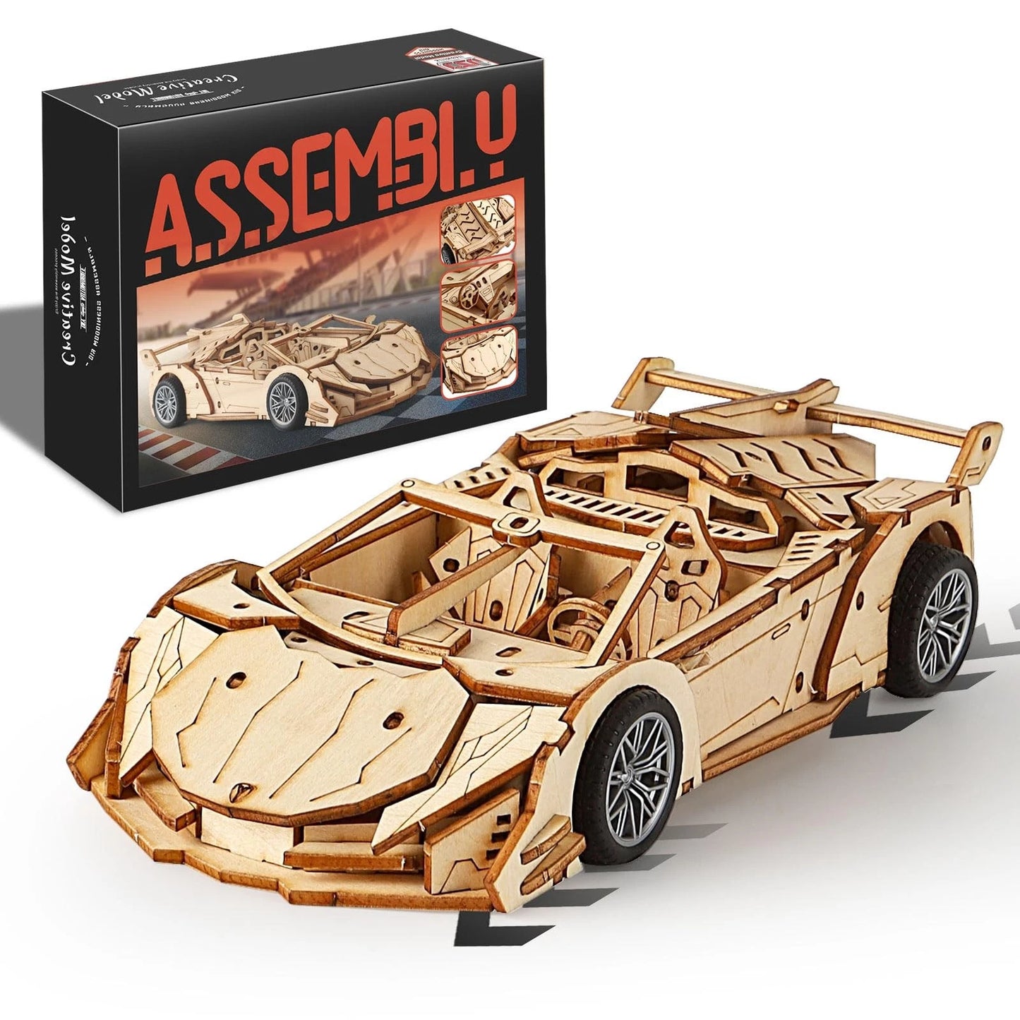 MOCBURIKU 3D Wooden Puzzles for Adults Roadster, Normal, Wood Color